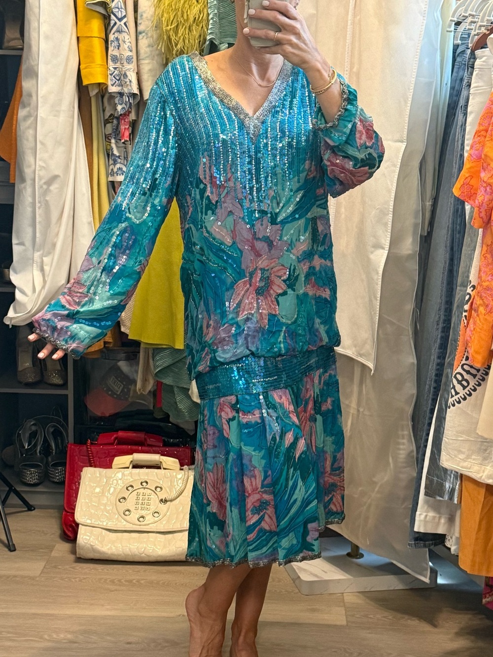 Vintage Lillie Rubin Turquoise & Pink Sequin 100% silk V-Neck Dress